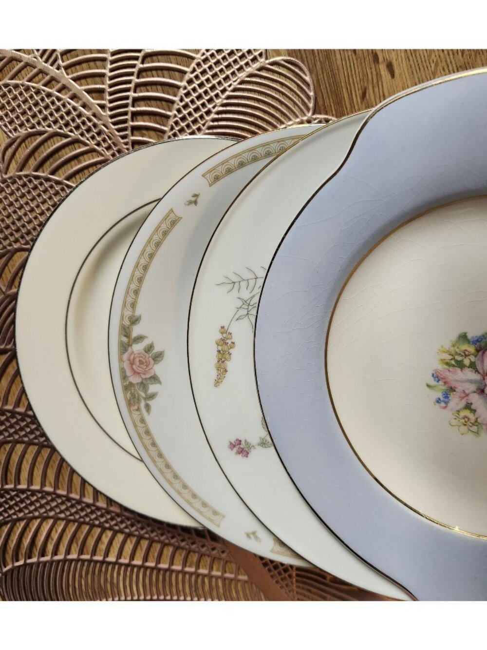 Mismatched Lunch Plates Salad Porcelain China Gold Edges Eclectic Set